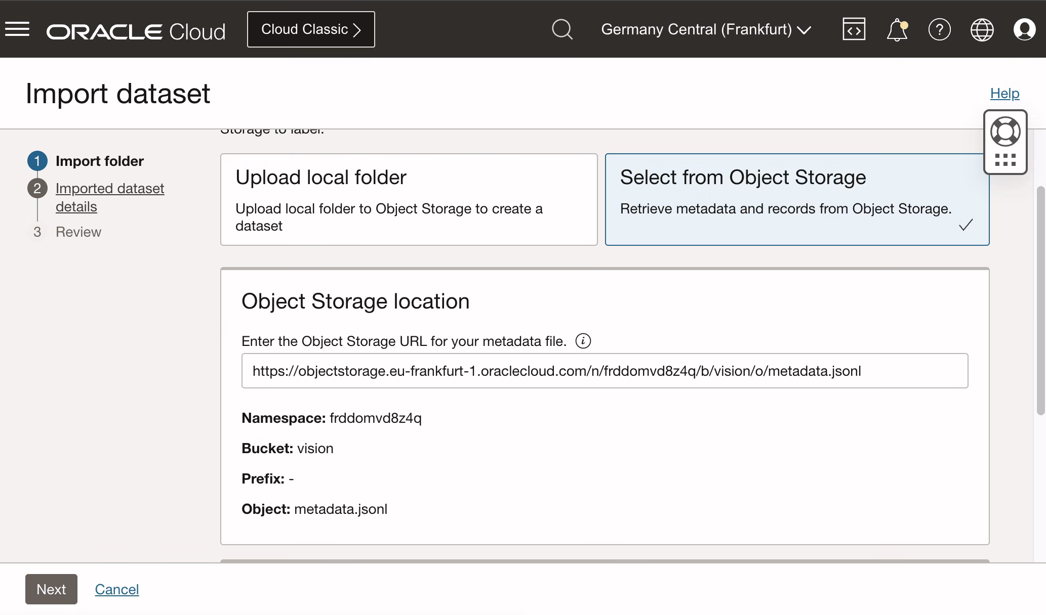 Import dataset step in OCI Data Labeling